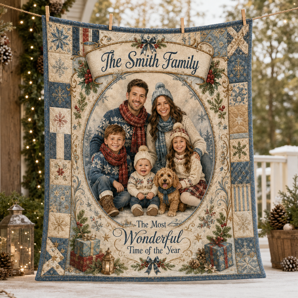 family name photo blanket hanging on a porch clothesline outdoors