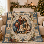personalized photo fleece blanket draped over a couch beside a christmas tree