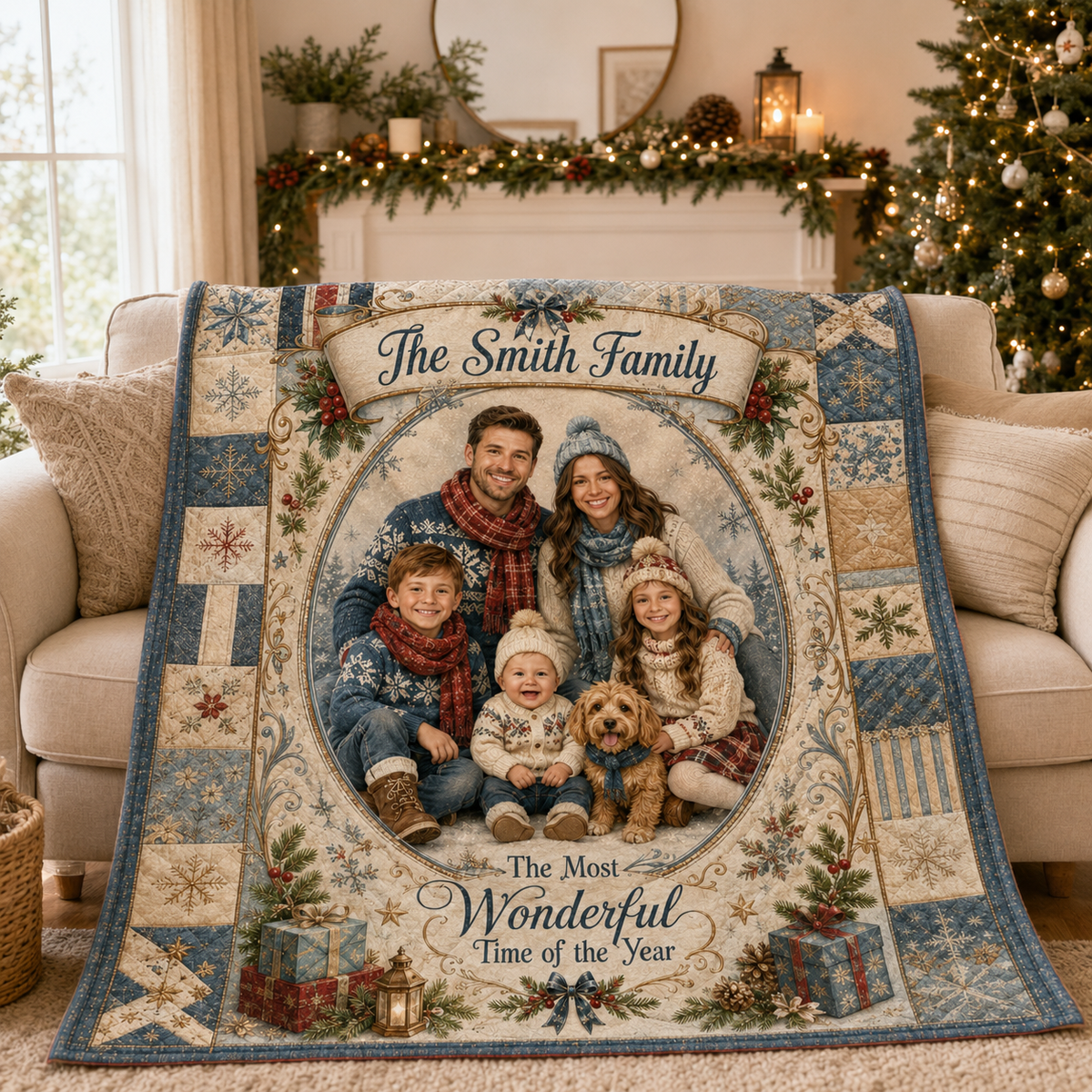 personalized photo fleece blanket draped over a couch beside a christmas tree