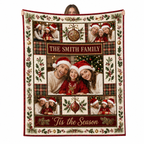 custom family photo christmas blanket held up against a white background