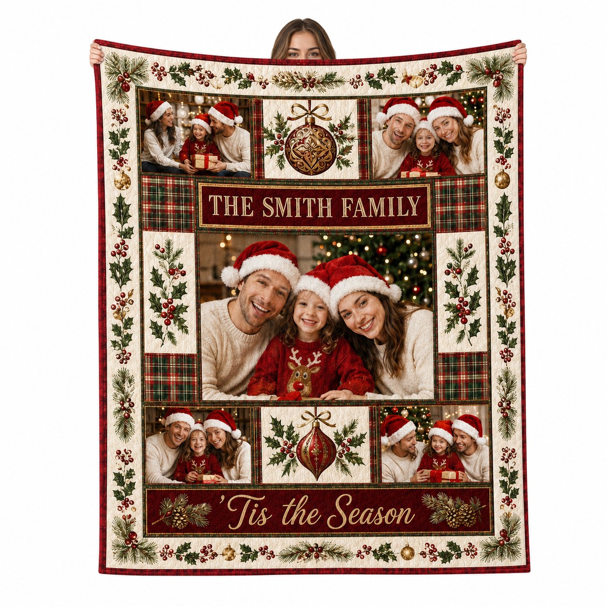 custom family photo christmas blanket held up against a white background