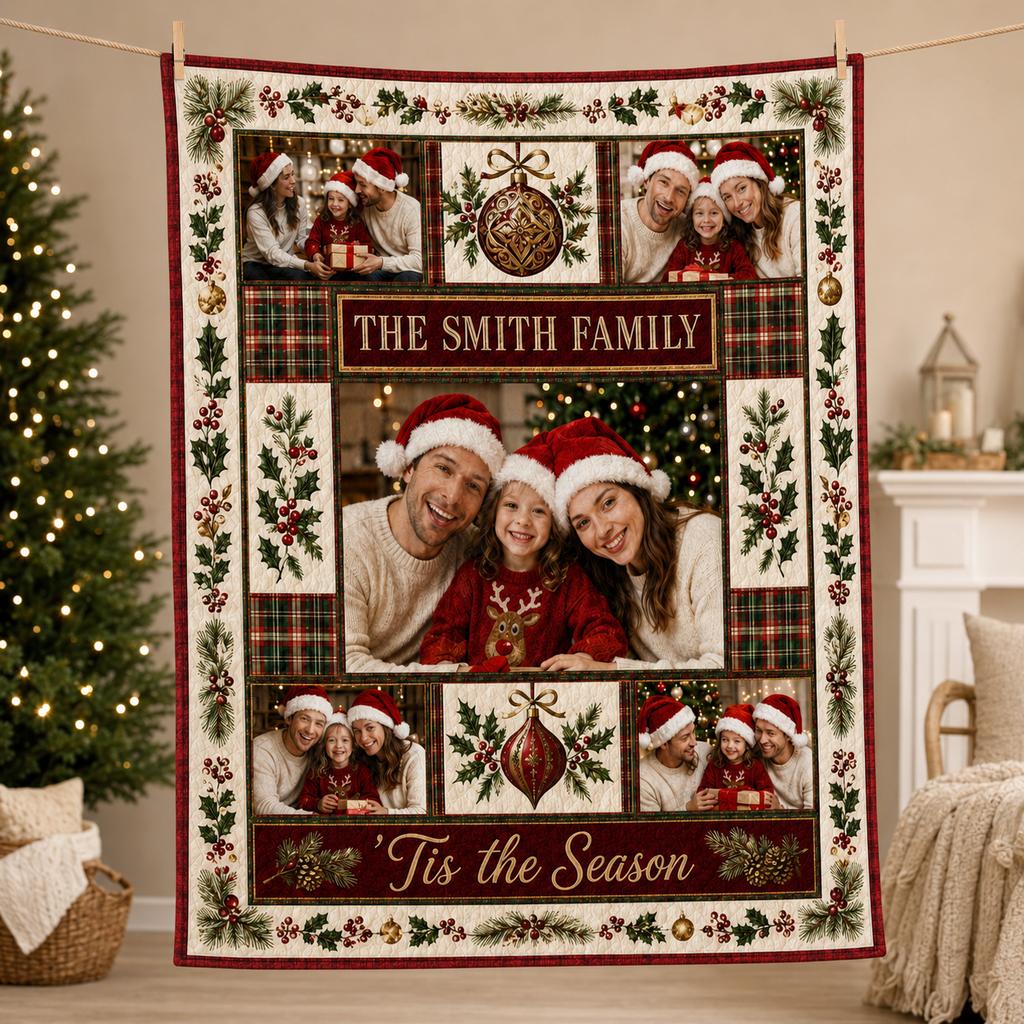 red plaid christmas photo blanket hanging in a living room with tree