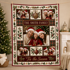 red plaid christmas photo blanket hanging in a living room with tree