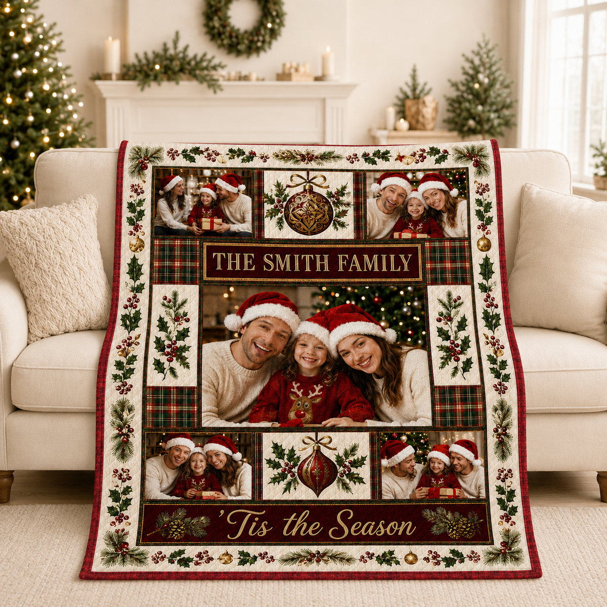 flannel fleece photo blanket draped over a white couch
