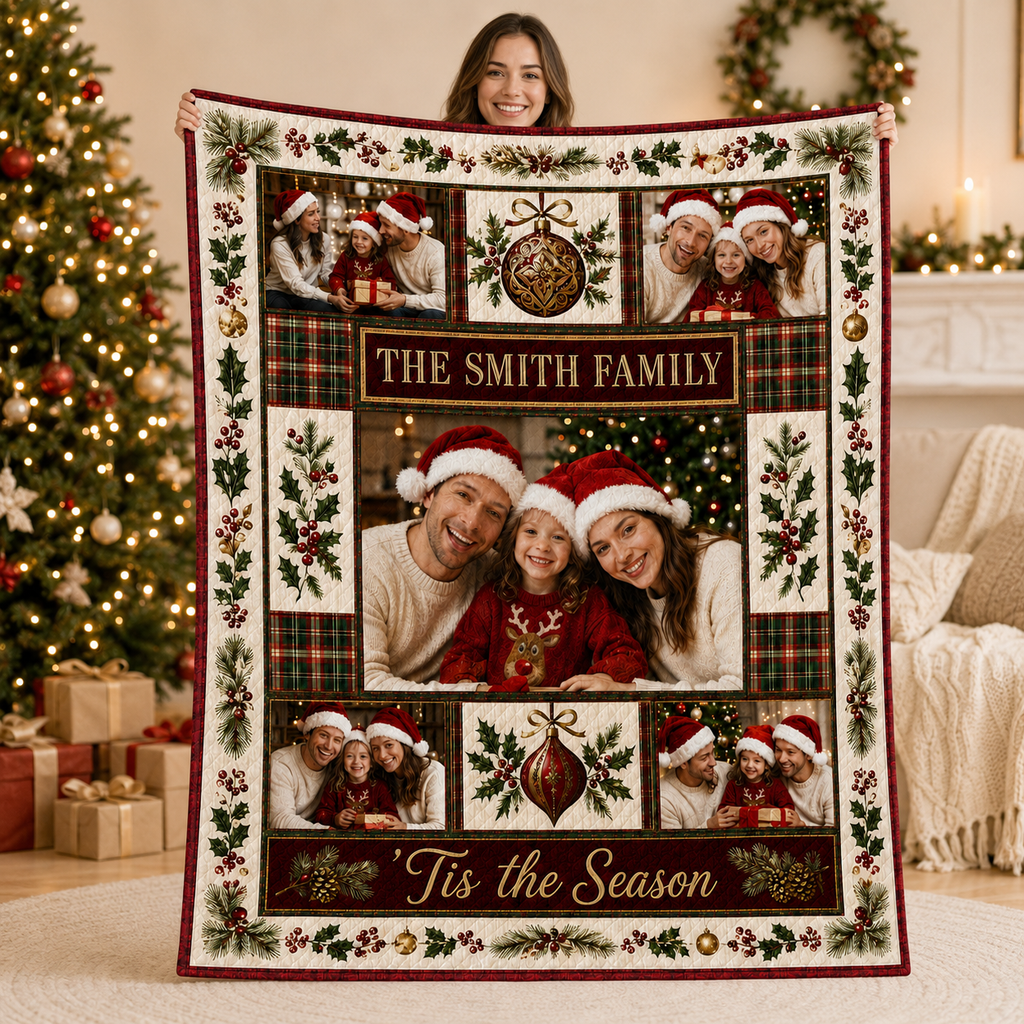 family photo collage blanket displayed next to a lit christmas tree