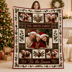 family photo collage blanket displayed next to a lit christmas tree
