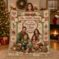 family christmas photo blanket displayed in a decorated living room