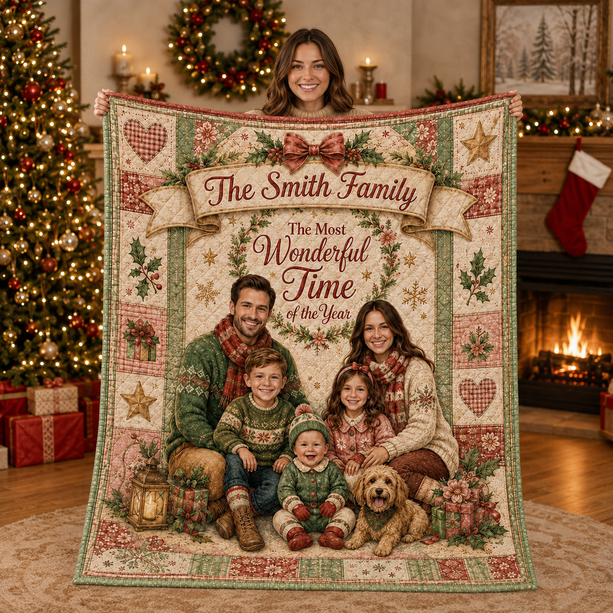 family christmas photo blanket displayed in a decorated living room