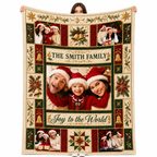 custom family photo blanket with joy to the world design held up