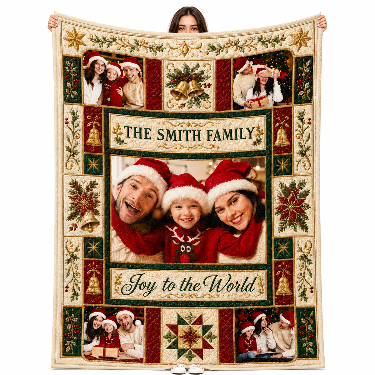 custom family photo blanket with joy to the world design held up