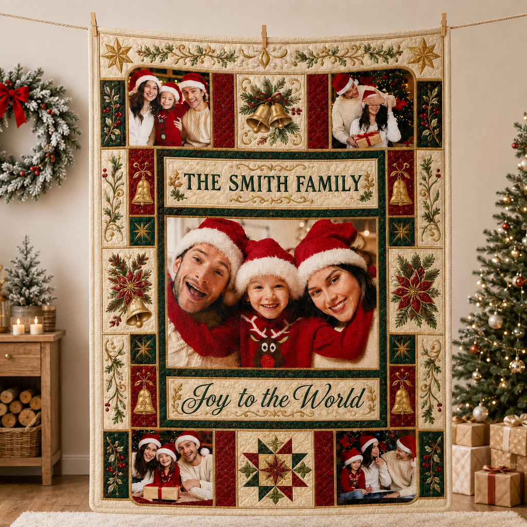 red and green christmas photo blanket hanging on a line with festive