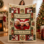 personalized christmas photo blanket held up showing the family portrait layout