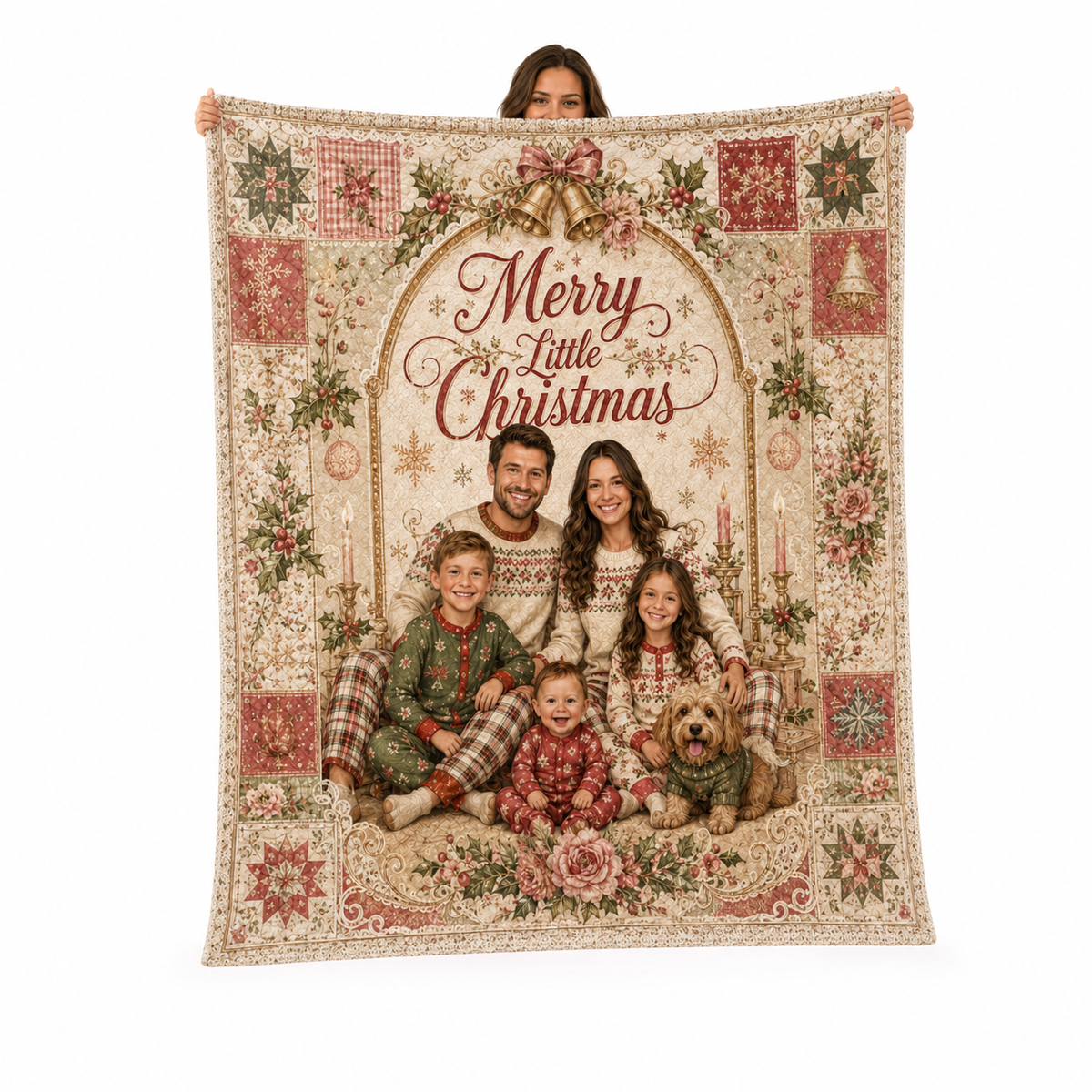 custom family photo merry little christmas fleece blanket draped as product photo