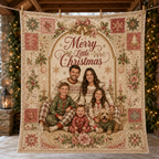 red and green christmas throw blanket hung on a stone porch