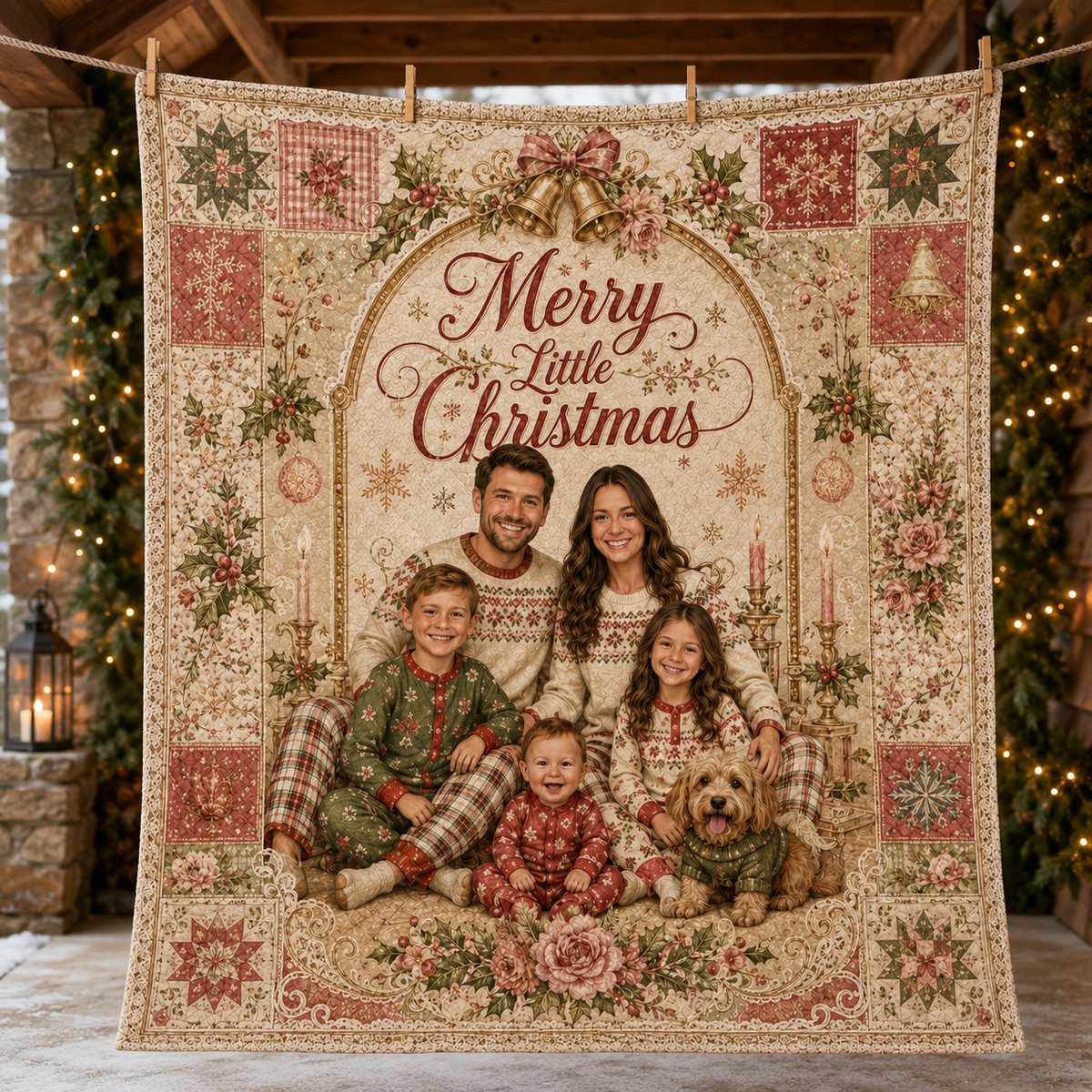 red and green christmas throw blanket hung on a stone porch