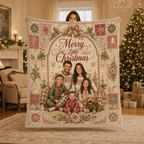personalized family photo throw blanket held up in a cozy living room
