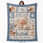 custom photo blanket with baby portrait and family photos held up against