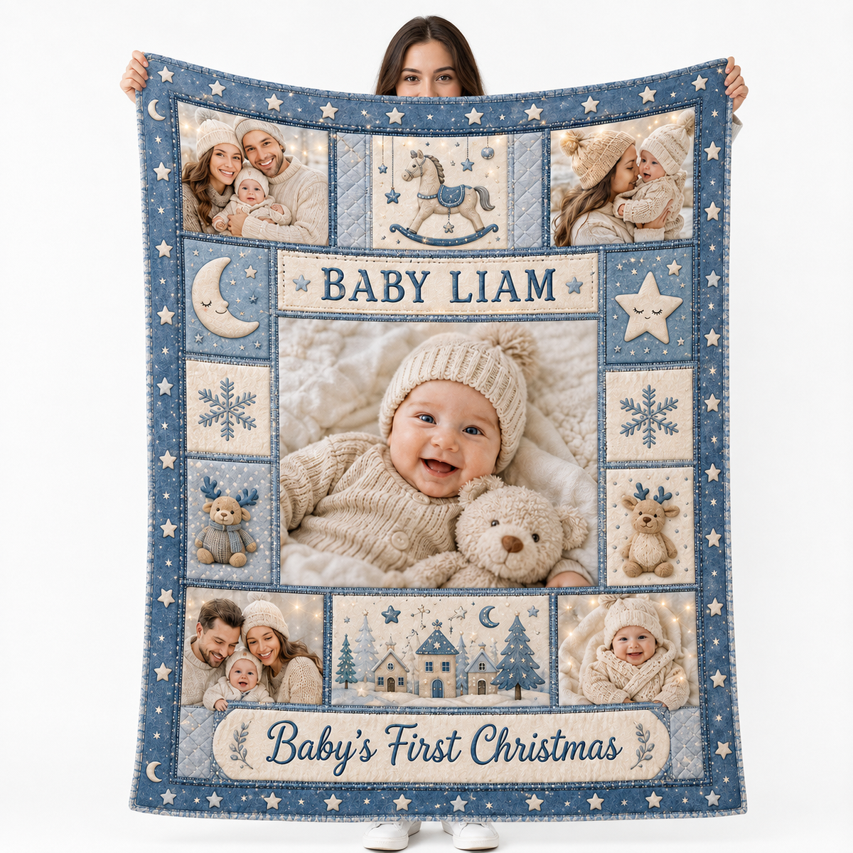 custom photo blanket with baby portrait and family photos held up against