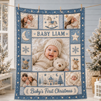 personalized baby blanket with family photos hung on a clothesline