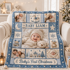 personalized christmas photo blanket draped over an armchair beside a lit tree