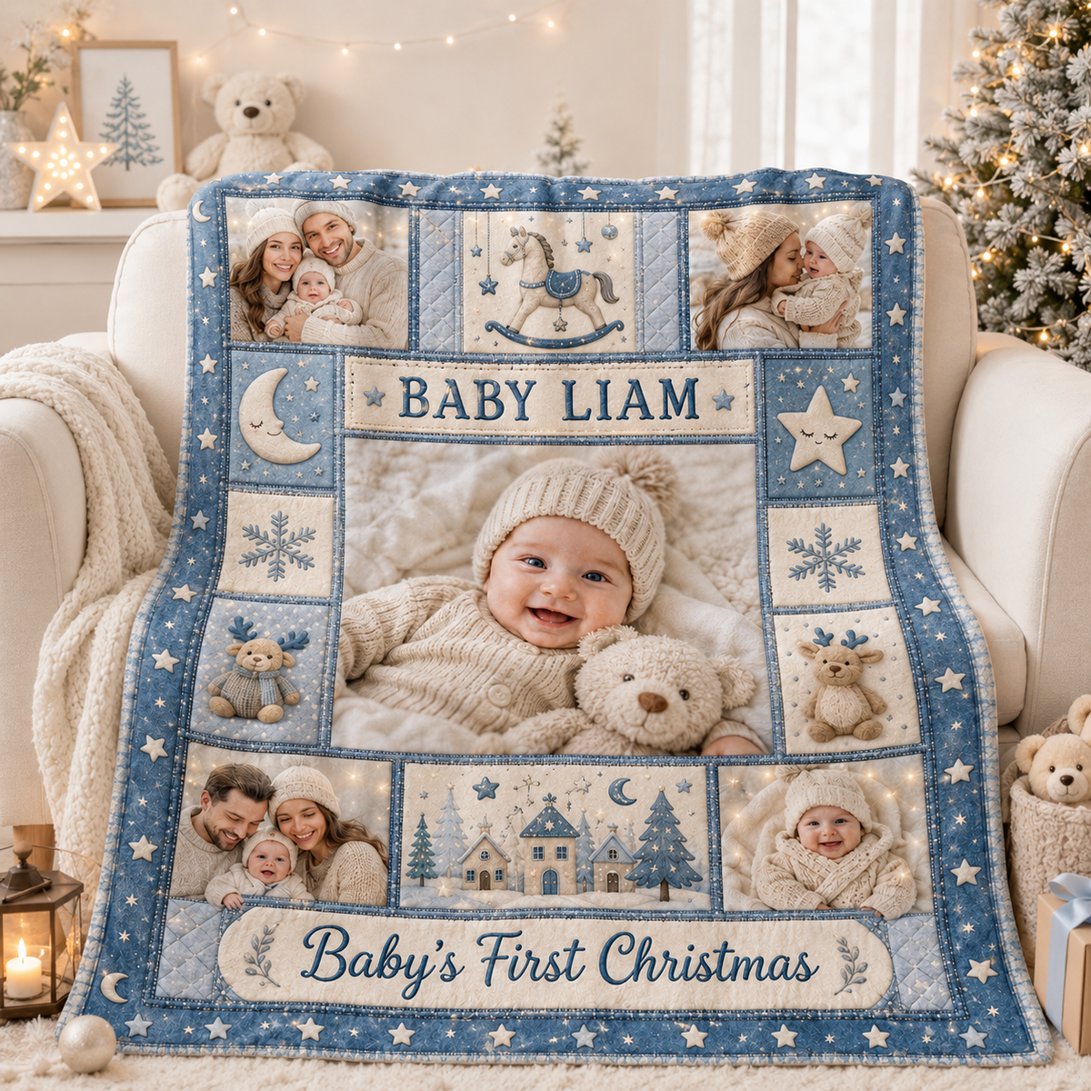 personalized christmas photo blanket draped over an armchair beside a lit tree