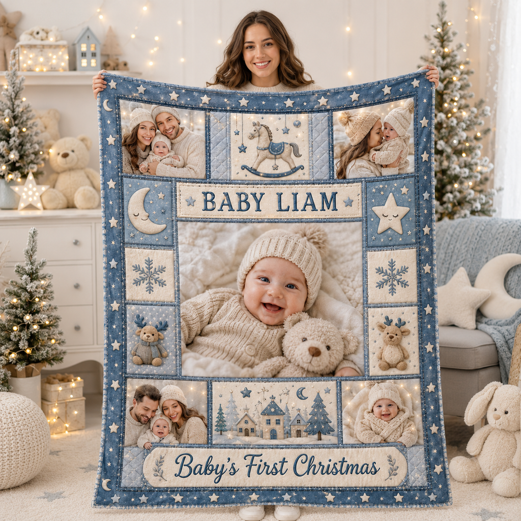 custom name baby blanket with family portraits held up by a smiling