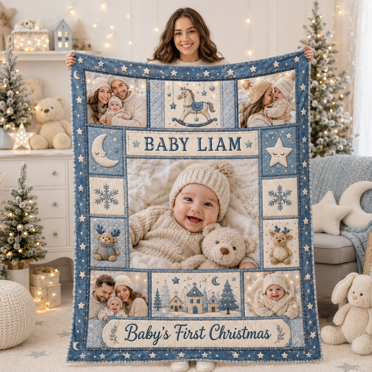 custom name baby blanket with family portraits held up by a smiling