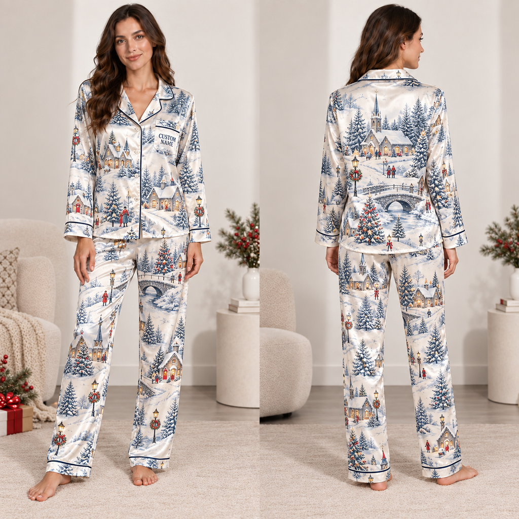 woman modeling winter village christmas satin pajama set front view