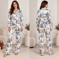 woman modeling winter village christmas satin pajama set front view