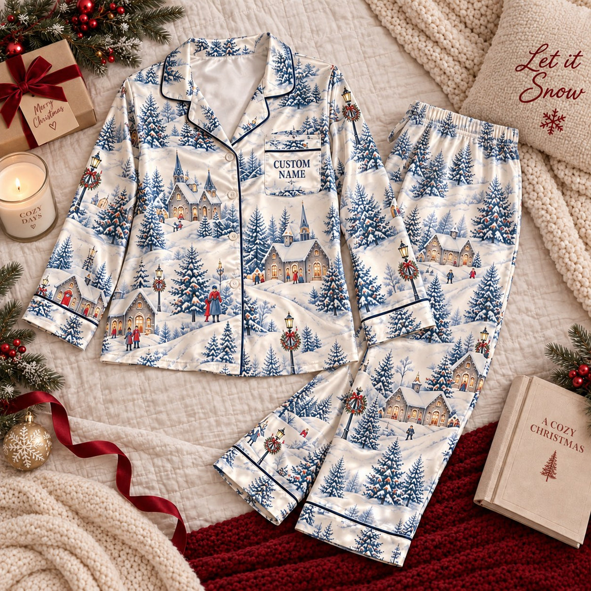 snowy pine forest satin pajamas flat lay with a custom name on the chest
