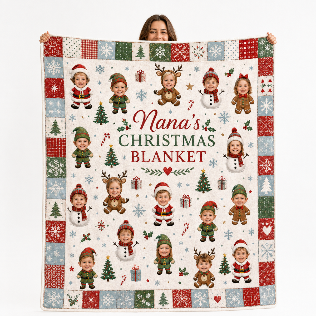 custom photo christmas blanket with kids in santa reindeer and snowman costumes