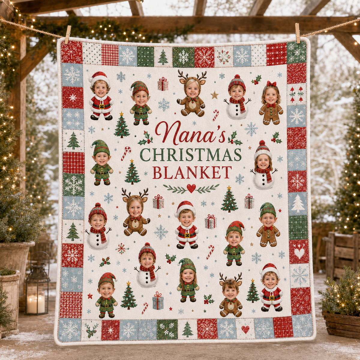 person holding up a personalized christmas blanket with child photos