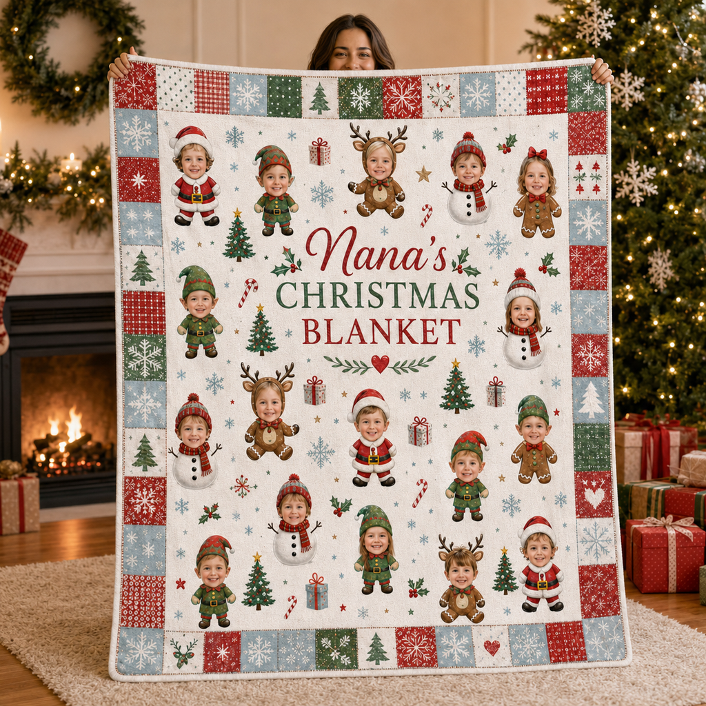 personalized family photo blanket held in front of a lit fireplace