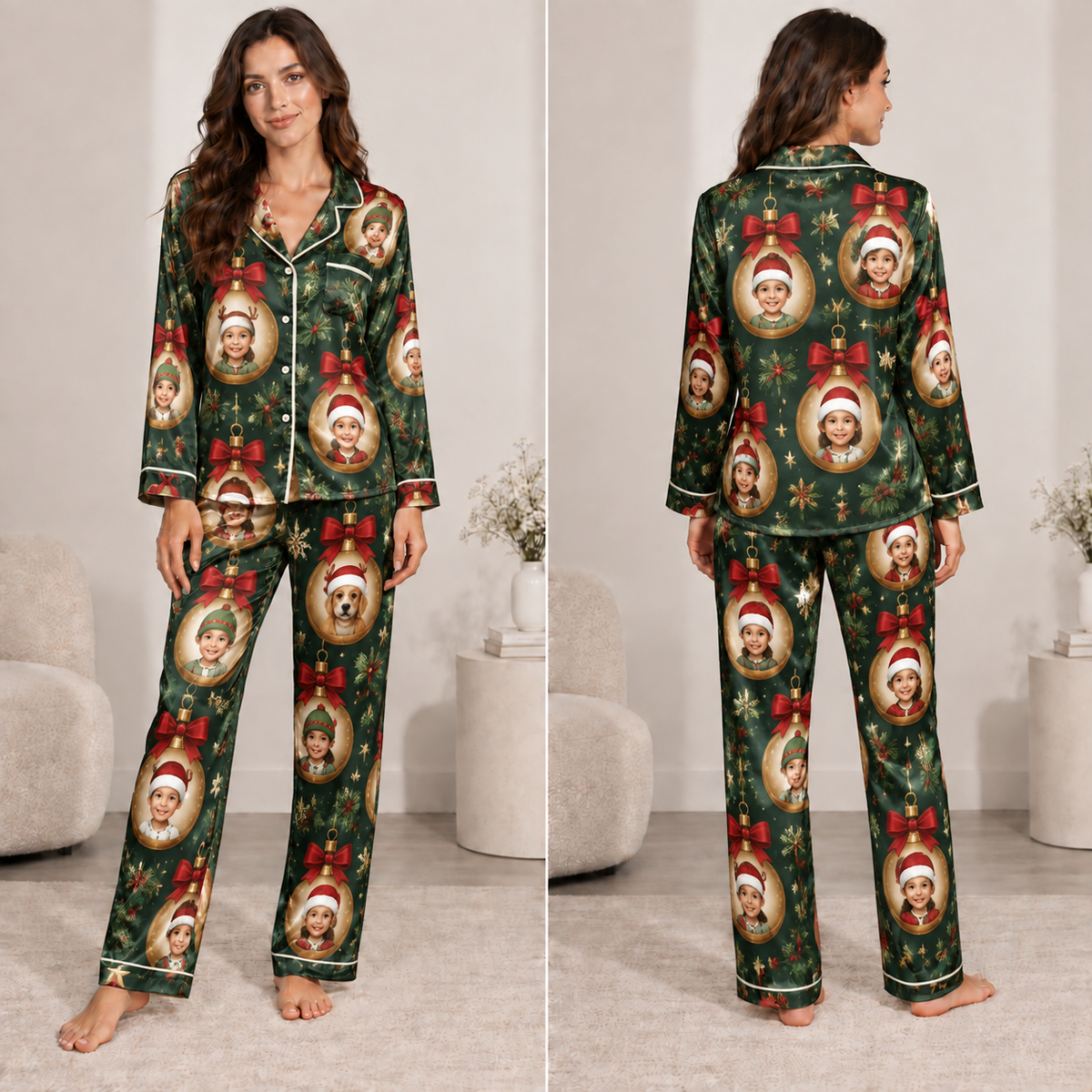 custom photo satin pajama set front view with christmas ornament family print