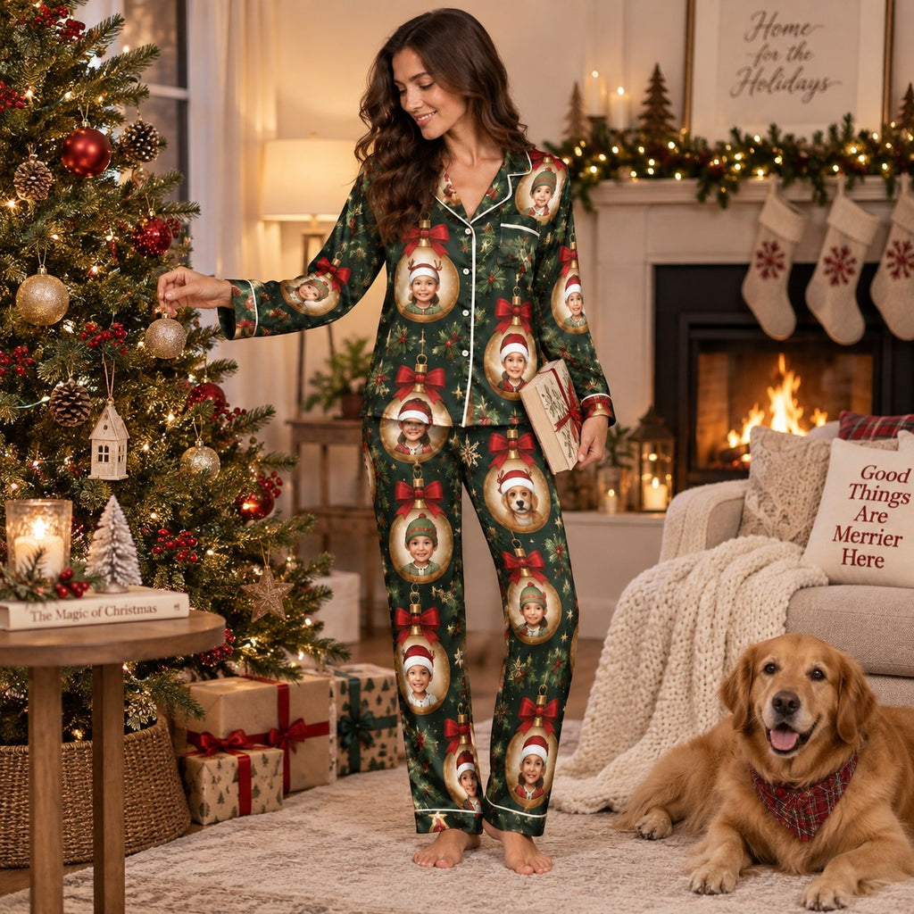 model sitting on bed holding mug in custom photo christmas pajamas
