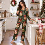 model in kitchen with golden retriever wearing matching family christmas pjs