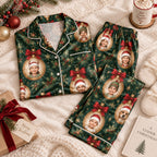 green satin pajamas flat lay with red bows and face photo ornaments