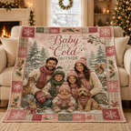 plush family portrait blanket draped over a cream sofa in a christmas