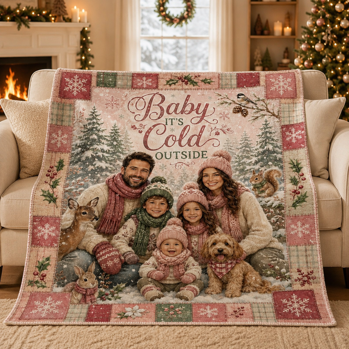 plush family portrait blanket draped over a cream sofa in a christmas