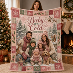 smiling woman holding up a custom baby it's cold outside photo blanket
