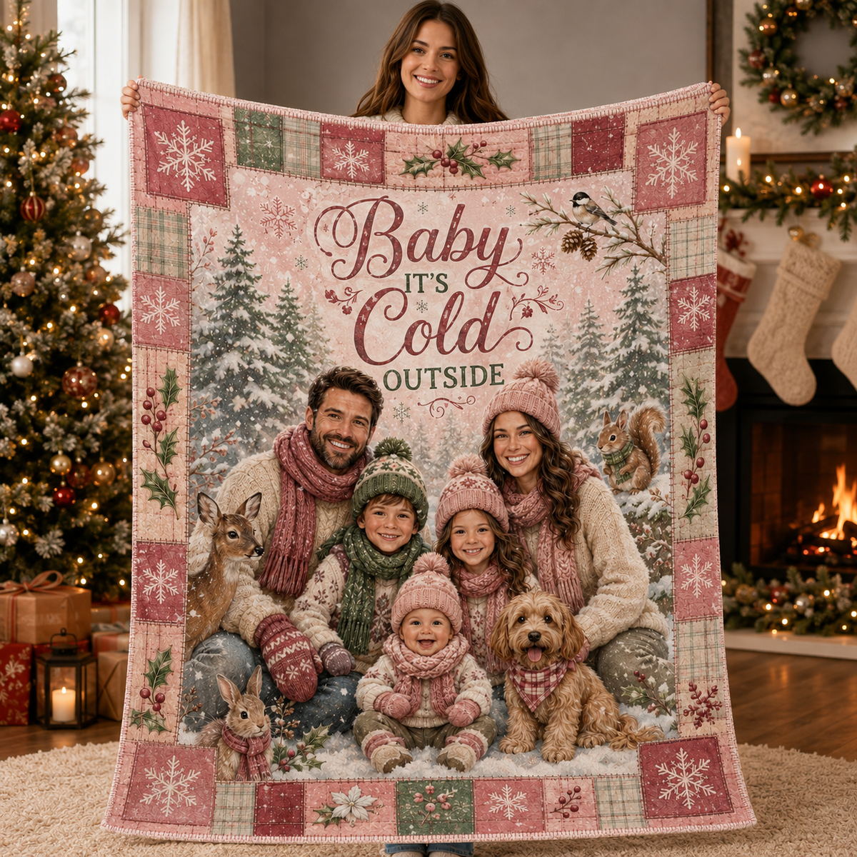 smiling woman holding up a custom baby it's cold outside photo blanket