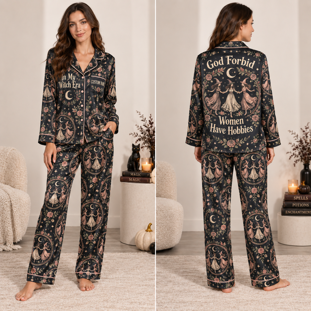 satin pajama set featuring dancing witches and in my witch era text