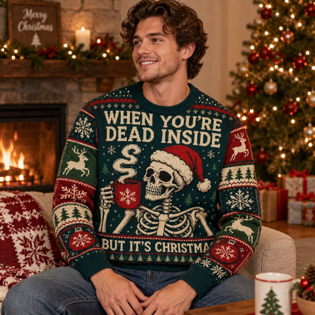 man in a dead inside christmas ugly sweater with a merry christmas