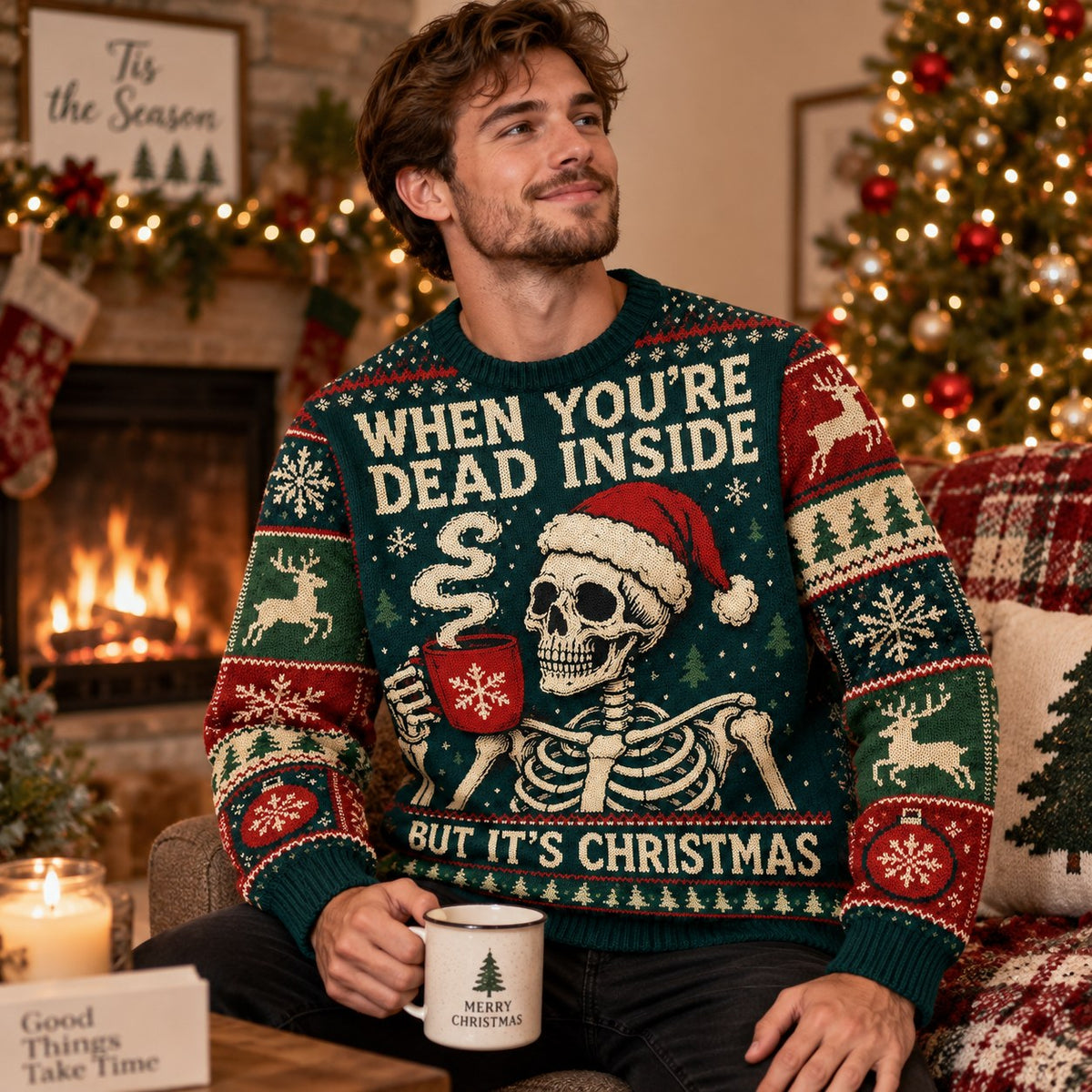 man laughing in a dark green skeleton ugly christmas sweater with hot