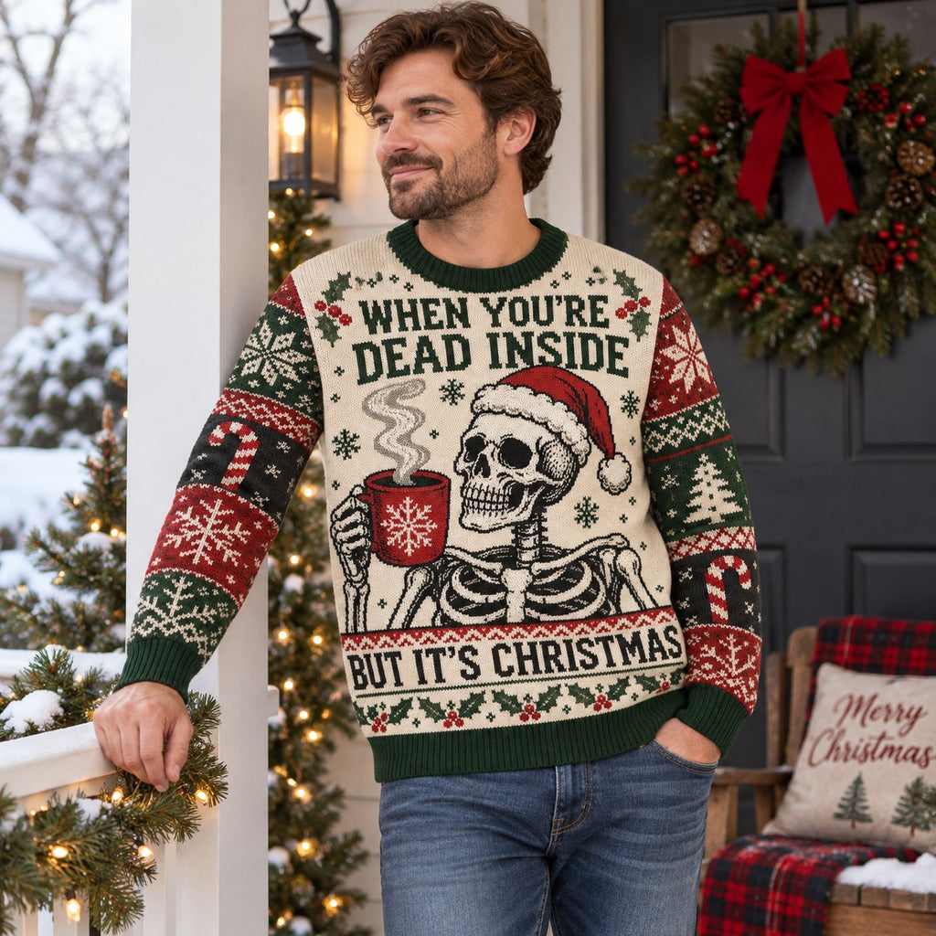 man wearing a dead inside christmas sweater with skeleton and coffee mug
