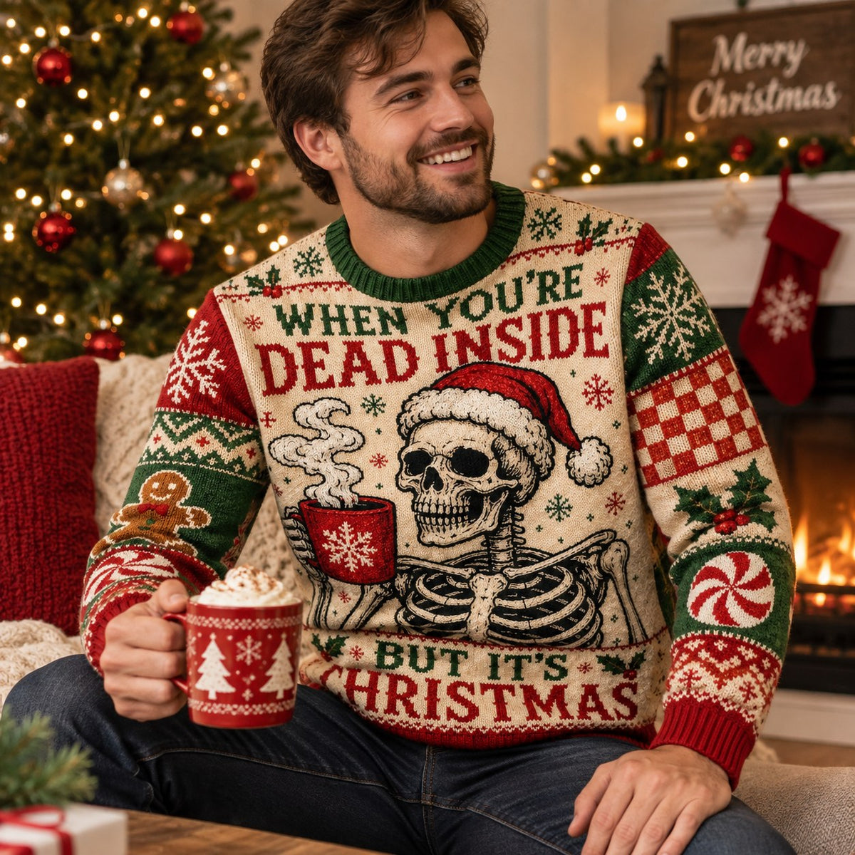 man holding a christmas mug in a skeleton santa hat holiday sweater