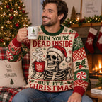 close up of the skeleton santa hat design on the funny xmas