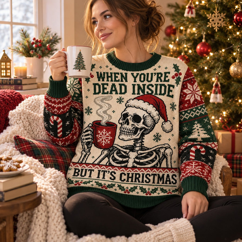 woman sitting in christmas sweater holding tree mug beside lit tree