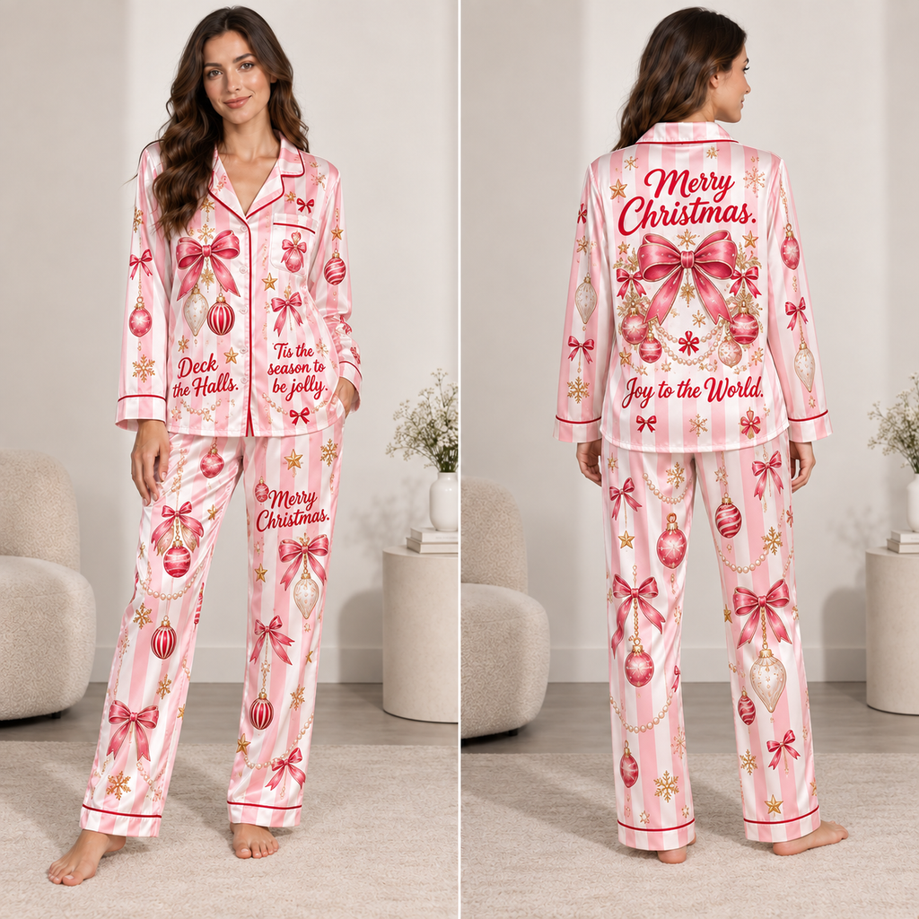 front view of a pink and white striped satin christmas pyjamas set