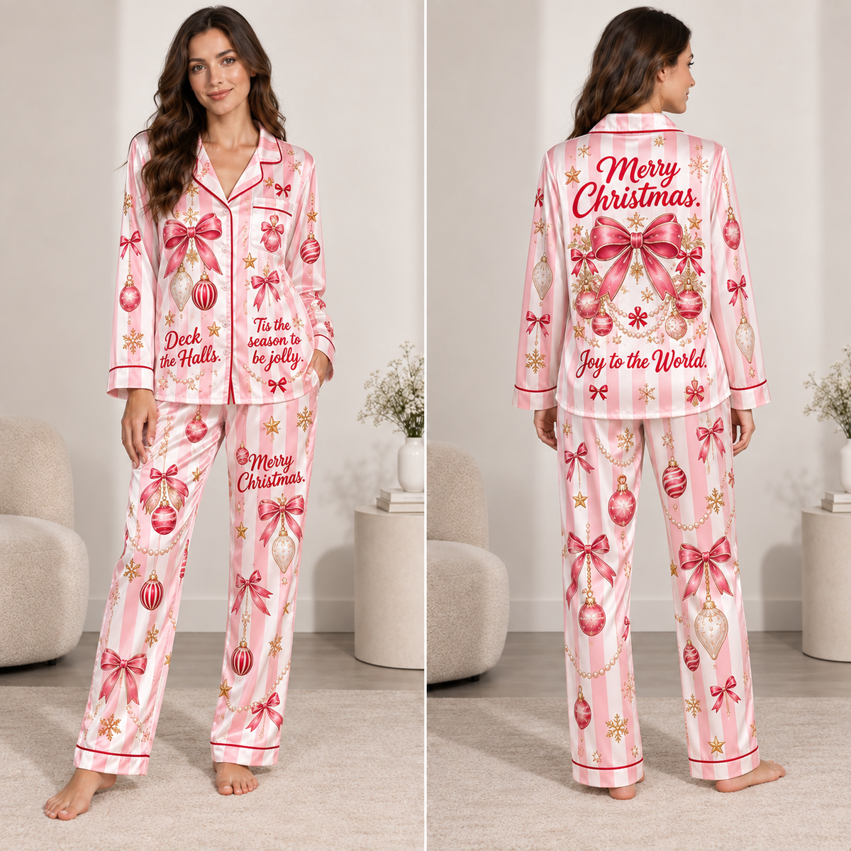 front view of a pink and white striped satin christmas pyjamas set